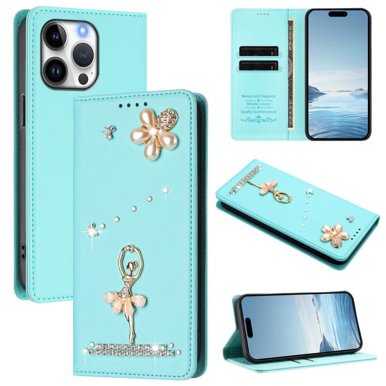 Funda para teléfono de piel vegana con protección RFID y diamantes de imitación de la bailarina de ballet, For iPhone 18 Pro / 17 Pro, For iPhone 18 Pro Max / 17 Pro Max, For iPhone 17e / 16e, For iPhone 17, For iPhone Air, For iPhone 16 Pro Max