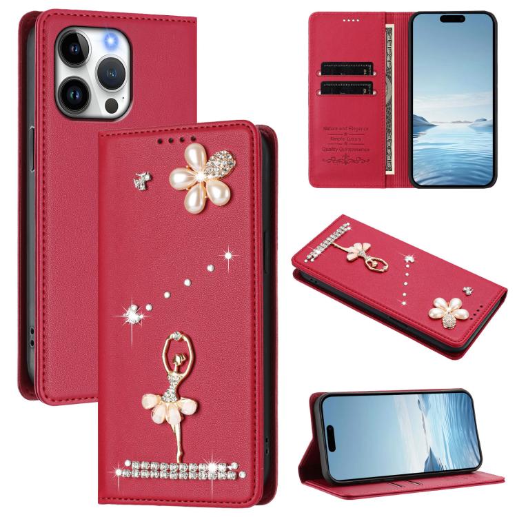 Funda para teléfono de piel vegana con protección RFID y diamantes de imitación de la bailarina de ballet, For iPhone 18 Pro / 17 Pro, For iPhone 18 Pro Max / 17 Pro Max, For iPhone 17e / 16e, For iPhone 17, For iPhone Air, For iPhone 16 Pro Max