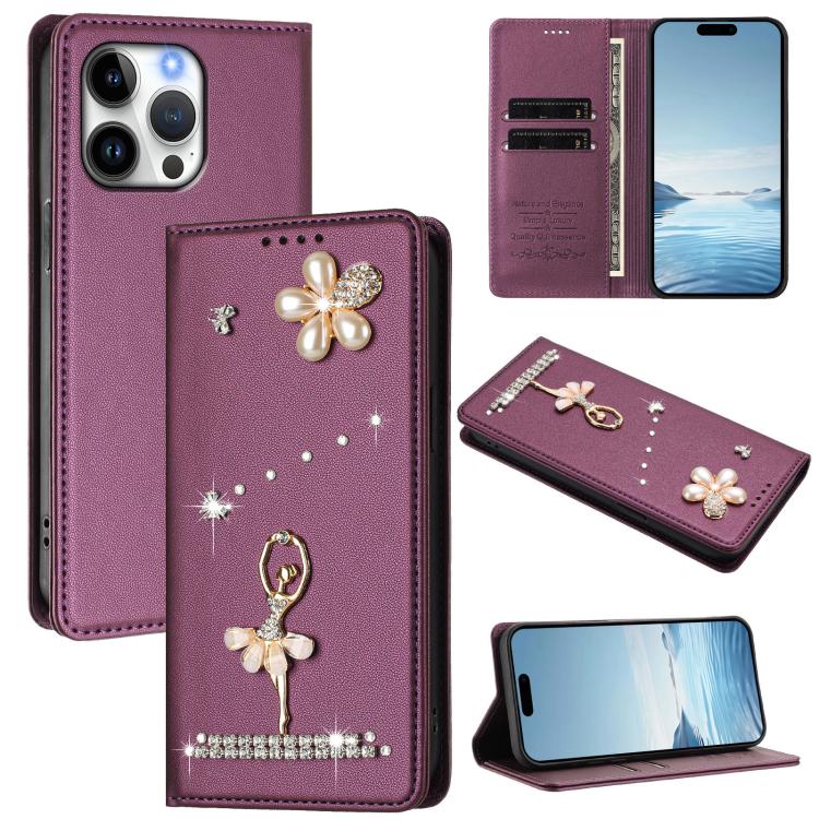 Funda para teléfono de piel vegana con protección RFID y diamantes de imitación de la bailarina de ballet, For iPhone 18 Pro / 17 Pro, For iPhone 18 Pro Max / 17 Pro Max, For iPhone 17e / 16e, For iPhone 17, For iPhone Air, For iPhone 16 Pro Max