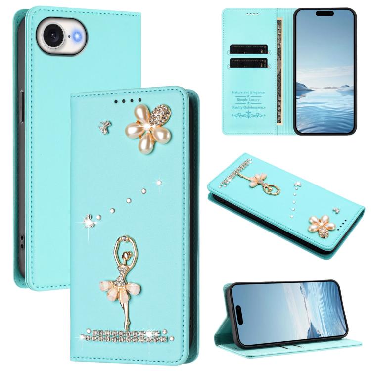 Funda para teléfono de piel vegana con protección RFID y diamantes de imitación de la bailarina de ballet, For iPhone 17e / 16e, For iPhone 17 Pro Max, For iPhone 17 Pro, For iPhone 17, For iPhone Air, For iPhone 16 Pro Max