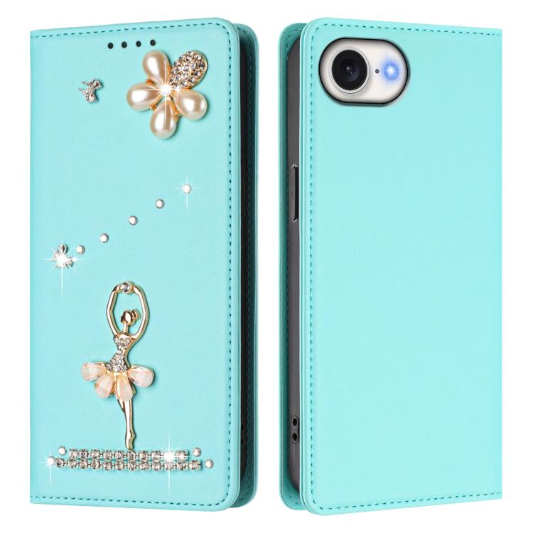 Funda para teléfono de piel vegana con protección RFID y diamantes de imitación de la bailarina de ballet, For iPhone 17e / 16e, For iPhone 17 Pro Max, For iPhone 17 Pro, For iPhone 17, For iPhone Air, For iPhone 16 Pro Max