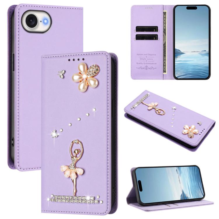 Funda para teléfono de piel vegana con protección RFID y diamantes de imitación de la bailarina de ballet, For iPhone 18 Pro / 17 Pro, For iPhone 18 Pro Max / 17 Pro Max, For iPhone 17e / 16e, For iPhone 17, For iPhone Air, For iPhone 16 Pro Max