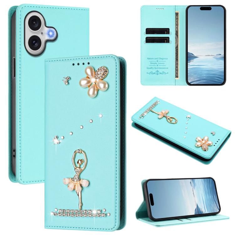 Funda para teléfono de piel vegana con protección RFID y diamantes de imitación de la bailarina de ballet, For iPhone 18 Pro / 17 Pro, For iPhone 18 Pro Max / 17 Pro Max, For iPhone 17e / 16e, For iPhone 17, For iPhone Air, For iPhone 16 Pro Max