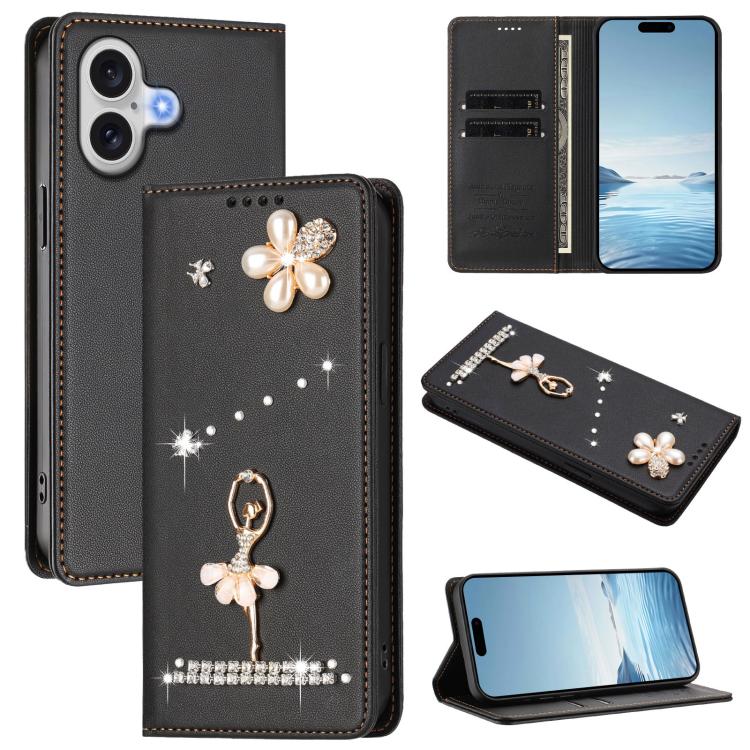 Funda para teléfono de piel vegana con protección RFID y diamantes de imitación de la bailarina de ballet, For iPhone 18 Pro / 17 Pro, For iPhone 18 Pro Max / 17 Pro Max, For iPhone 17e / 16e, For iPhone 17, For iPhone Air, For iPhone 16 Pro Max