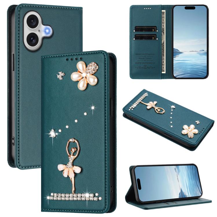 Funda para teléfono de piel vegana con protección RFID y diamantes de imitación de la bailarina de ballet, For iPhone 18 Pro / 17 Pro, For iPhone 18 Pro Max / 17 Pro Max, For iPhone 17e / 16e, For iPhone 17, For iPhone Air, For iPhone 16 Pro Max