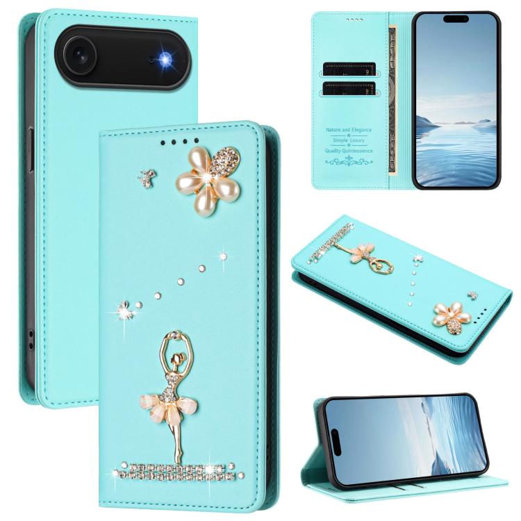 Funda para teléfono de piel vegana con protección RFID y diamantes de imitación de la bailarina de ballet, For iPhone 18 Pro / 17 Pro, For iPhone 18 Pro Max / 17 Pro Max, For iPhone 17e / 16e, For iPhone 17, For iPhone Air, For iPhone 16 Pro Max