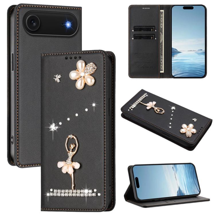 Funda para teléfono de piel vegana con protección RFID y diamantes de imitación de la bailarina de ballet, For iPhone 18 Pro / 17 Pro, For iPhone 18 Pro Max / 17 Pro Max, For iPhone 17e / 16e, For iPhone 17, For iPhone Air, For iPhone 16 Pro Max