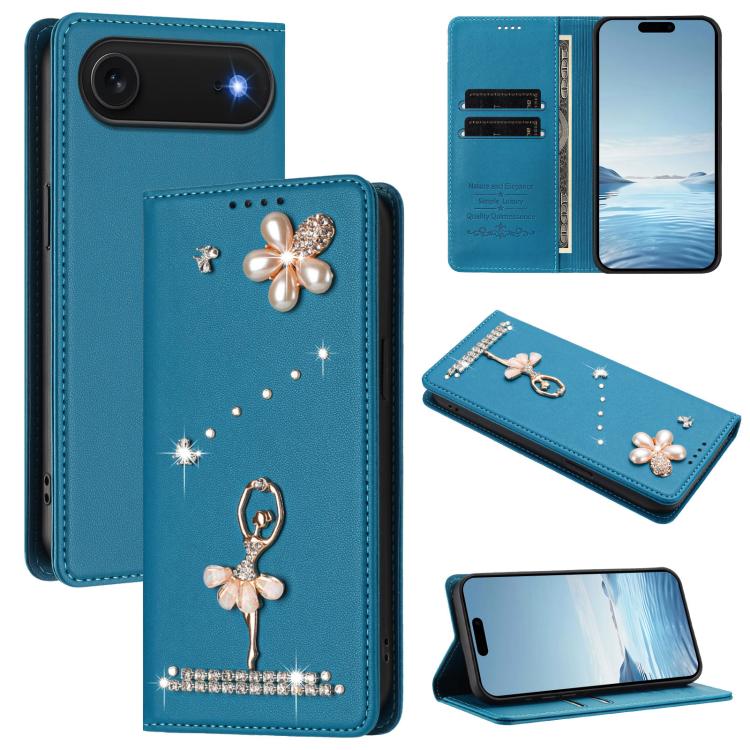 Funda para teléfono de piel vegana con protección RFID y diamantes de imitación de la bailarina de ballet, For iPhone 18 Pro / 17 Pro, For iPhone 18 Pro Max / 17 Pro Max, For iPhone 17e / 16e, For iPhone 17, For iPhone Air, For iPhone 16 Pro Max