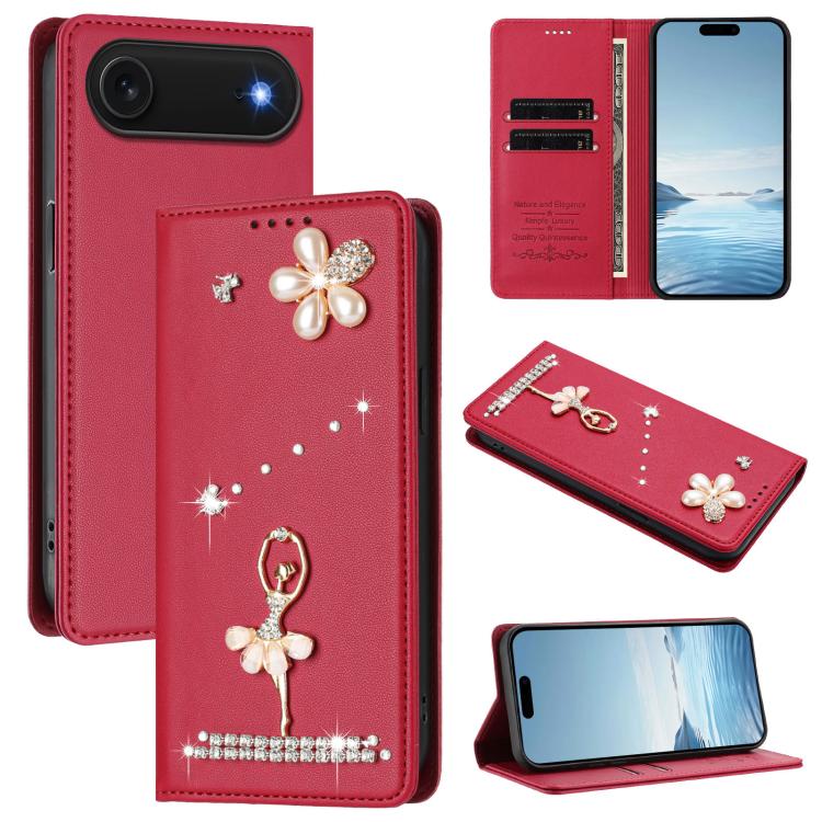 Funda para teléfono de piel vegana con protección RFID y diamantes de imitación de la bailarina de ballet, For iPhone 18 Pro / 17 Pro, For iPhone 18 Pro Max / 17 Pro Max, For iPhone 17e / 16e, For iPhone 17, For iPhone Air, For iPhone 16 Pro Max