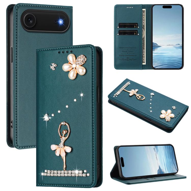 Funda para teléfono de piel vegana con protección RFID y diamantes de imitación de la bailarina de ballet, For iPhone 18 Pro / 17 Pro, For iPhone 18 Pro Max / 17 Pro Max, For iPhone 17e / 16e, For iPhone 17, For iPhone Air, For iPhone 16 Pro Max
