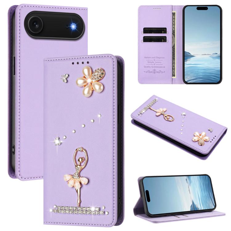 Funda para teléfono de piel vegana con protección RFID y diamantes de imitación de la bailarina de ballet, For iPhone 18 Pro / 17 Pro, For iPhone 18 Pro Max / 17 Pro Max, For iPhone 17e / 16e, For iPhone 17, For iPhone Air, For iPhone 16 Pro Max