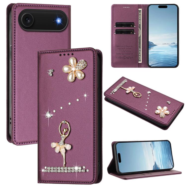 Funda para teléfono de piel vegana con protección RFID y diamantes de imitación de la bailarina de ballet, For iPhone 18 Pro / 17 Pro, For iPhone 18 Pro Max / 17 Pro Max, For iPhone 17e / 16e, For iPhone 17, For iPhone Air, For iPhone 16 Pro Max