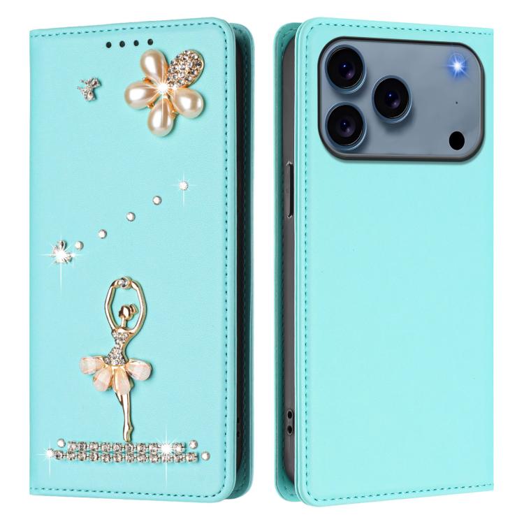 Funda para teléfono de piel vegana con protección RFID y diamantes de imitación de la bailarina de ballet, For iPhone 18 Pro / 17 Pro, For iPhone 18 Pro Max / 17 Pro Max, For iPhone 17e / 16e, For iPhone 17, For iPhone Air, For iPhone 16 Pro Max