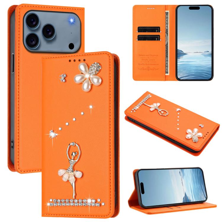 Funda para teléfono de piel vegana con protección RFID y diamantes de imitación de la bailarina de ballet, For iPhone 18 Pro / 17 Pro, For iPhone 18 Pro Max / 17 Pro Max, For iPhone 17e / 16e, For iPhone 17, For iPhone Air, For iPhone 16 Pro Max