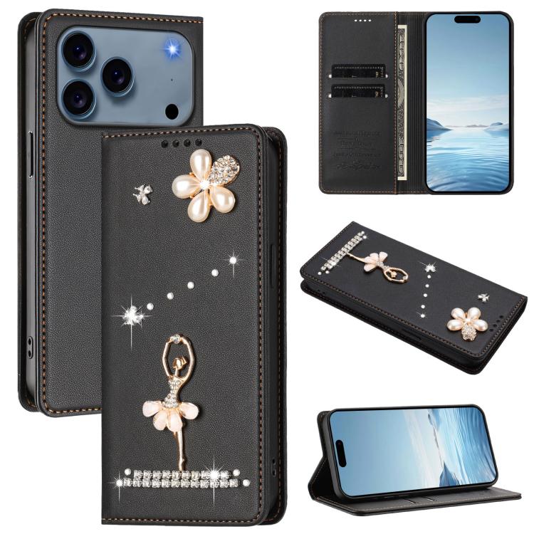 Funda para teléfono de piel vegana con protección RFID y diamantes de imitación de la bailarina de ballet, For iPhone 18 Pro / 17 Pro, For iPhone 18 Pro Max / 17 Pro Max, For iPhone 17e / 16e, For iPhone 17, For iPhone Air, For iPhone 16 Pro Max