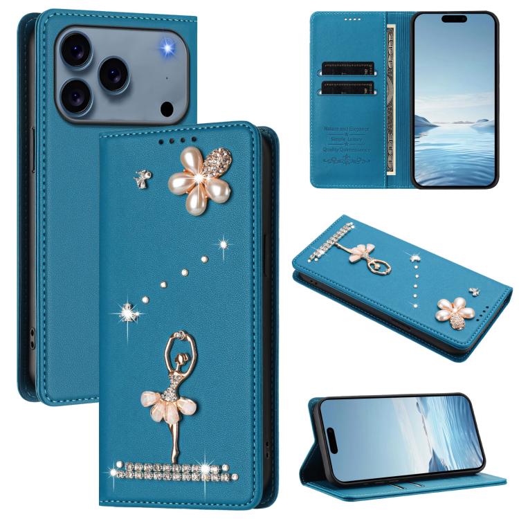 Funda para teléfono de piel vegana con protección RFID y diamantes de imitación de la bailarina de ballet, For iPhone 18 Pro / 17 Pro, For iPhone 18 Pro Max / 17 Pro Max, For iPhone 17e / 16e, For iPhone 17, For iPhone Air, For iPhone 16 Pro Max