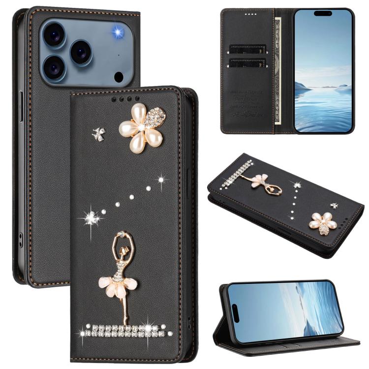 Funda para teléfono de piel vegana con protección RFID y diamantes de imitación de la bailarina de ballet, For iPhone 18 Pro / 17 Pro, For iPhone 18 Pro Max / 17 Pro Max, For iPhone 17e / 16e, For iPhone 17, For iPhone Air, For iPhone 16 Pro Max