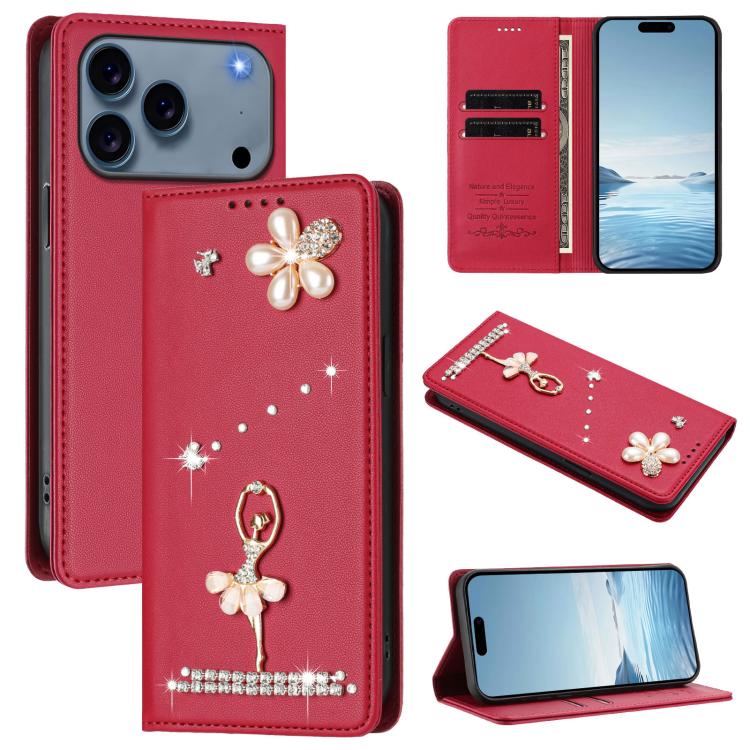Funda para teléfono de piel vegana con protección RFID y diamantes de imitación de la bailarina de ballet, For iPhone 18 Pro / 17 Pro, For iPhone 18 Pro Max / 17 Pro Max, For iPhone 17e / 16e, For iPhone 17, For iPhone Air, For iPhone 16 Pro Max