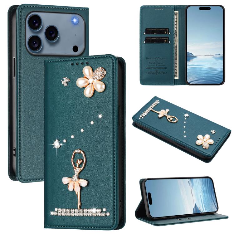 Funda para teléfono de piel vegana con protección RFID y diamantes de imitación de la bailarina de ballet, For iPhone 18 Pro / 17 Pro, For iPhone 18 Pro Max / 17 Pro Max, For iPhone 17e / 16e, For iPhone 17, For iPhone Air, For iPhone 16 Pro Max