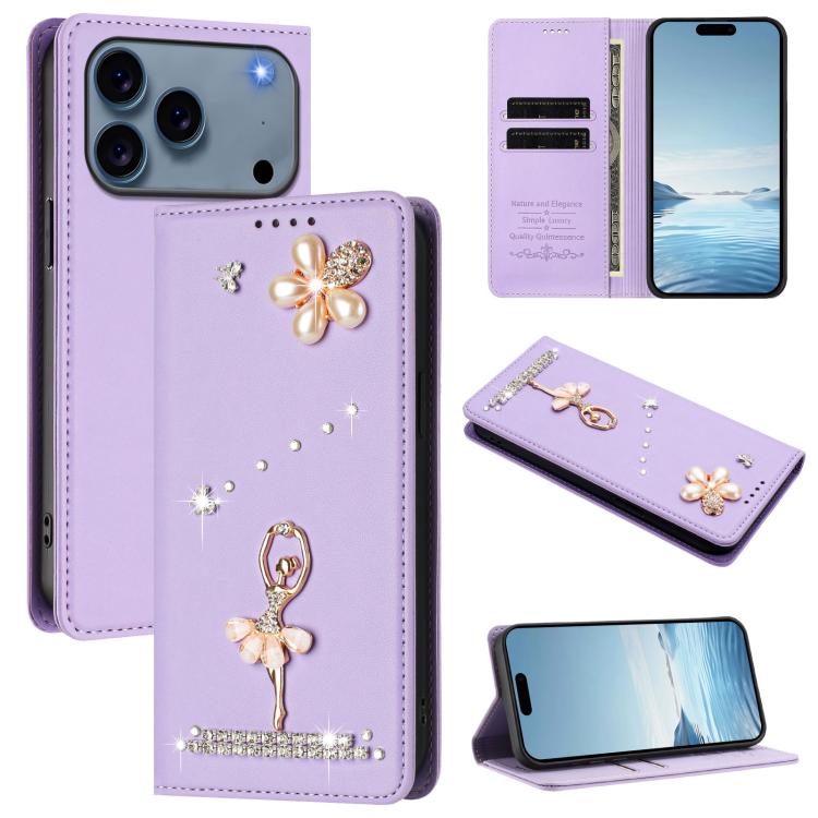 Funda para teléfono de piel vegana con protección RFID y diamantes de imitación de la bailarina de ballet, For iPhone 18 Pro / 17 Pro, For iPhone 18 Pro Max / 17 Pro Max, For iPhone 17e / 16e, For iPhone 17, For iPhone Air, For iPhone 16 Pro Max