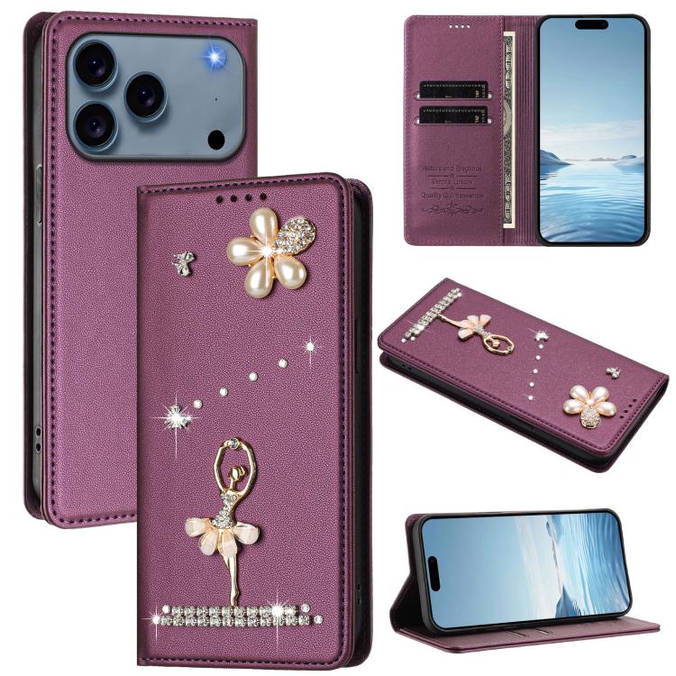 Funda para teléfono de piel vegana con protección RFID y diamantes de imitación de la bailarina de ballet, For iPhone 18 Pro / 17 Pro, For iPhone 18 Pro Max / 17 Pro Max, For iPhone 17e / 16e, For iPhone 17, For iPhone Air, For iPhone 16 Pro Max