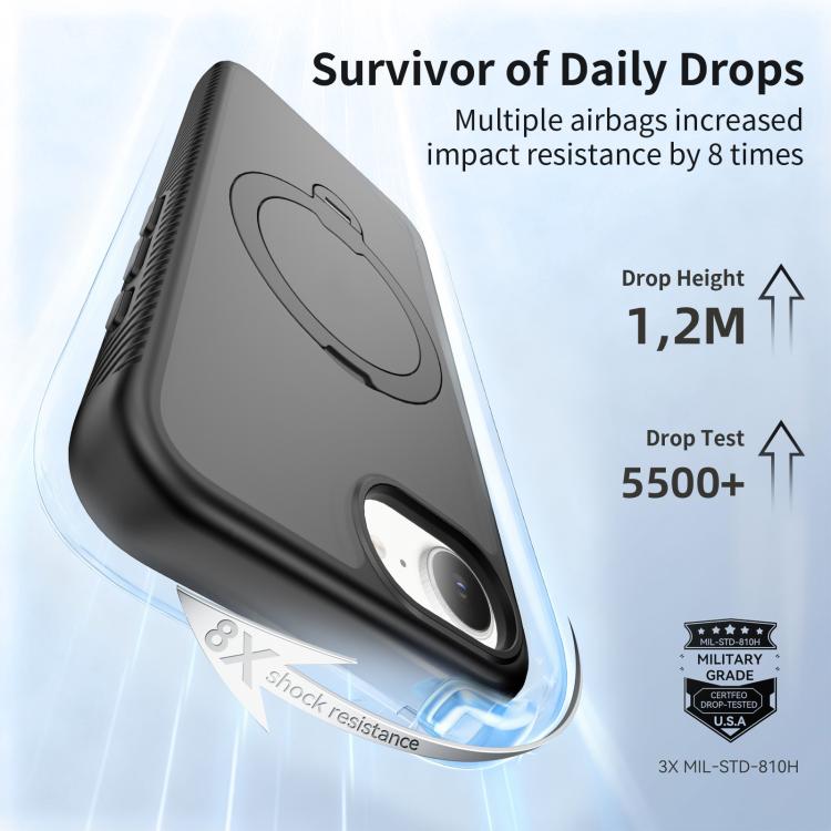 Funda para teléfono magnética con soporte giratorio de 360° y airbag, a prueba de golpes., For iPhone 16e / 17e, For iPhone 17 Pro Max, For iPhone 17 Pro, For iPhone 17, For iPhone Air, For iPhone 16 Pro Max, For iPhone 16