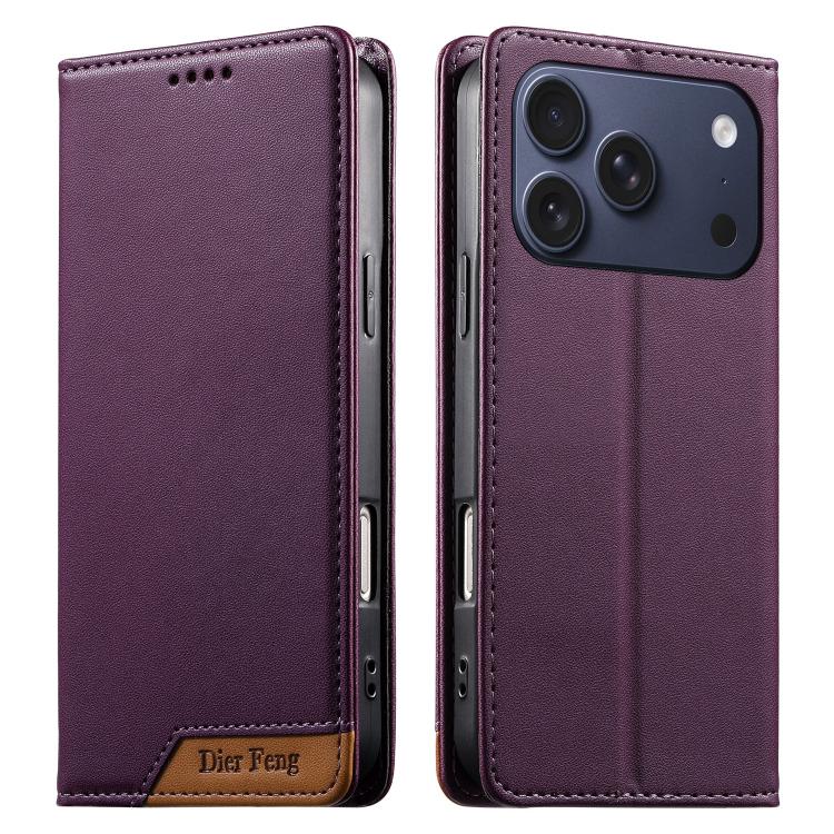 Funda para teléfono Dierfeng Splicing de cuero vegano con imán RFID resistente, For iPhone 18 Pro / 17 Pro, For iPhone 18 Pro Max / 17 Pro Max, For iPhone 17e / 16e, For iPhone 17, For iPhone Air, For iPhone 16 Pro Max, For iPhone 16 Pro               ...