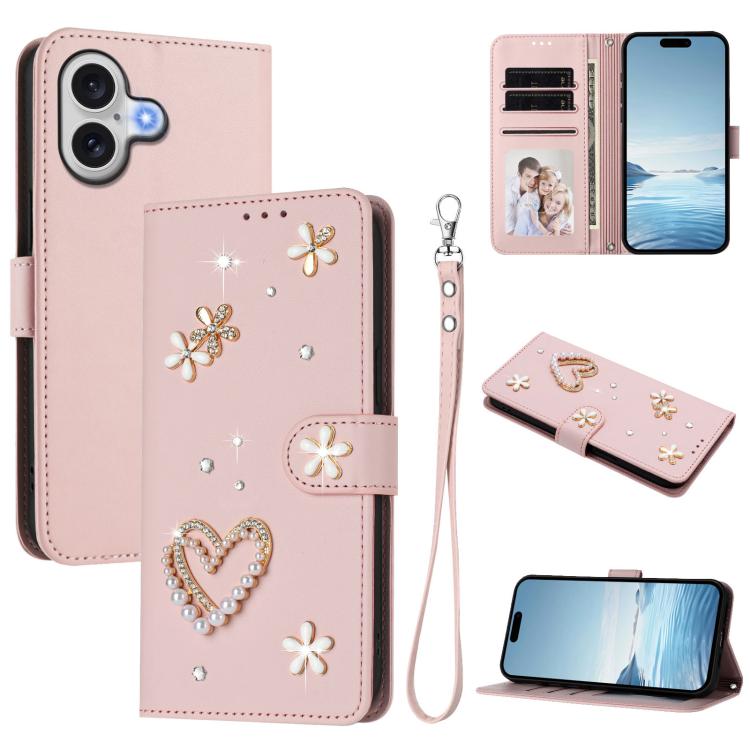 Funda para teléfono ZS01 de doble capa con diseño floral en forma de corazón y correa para la muñeca., For iPhone 18 Pro / 17 Pro, For iPhone 18 Pro Max / 17 Pro Max, For iPhone 17e / 16e, For iPhone 17, For iPhone Air, For iPhone 16 Pro Max