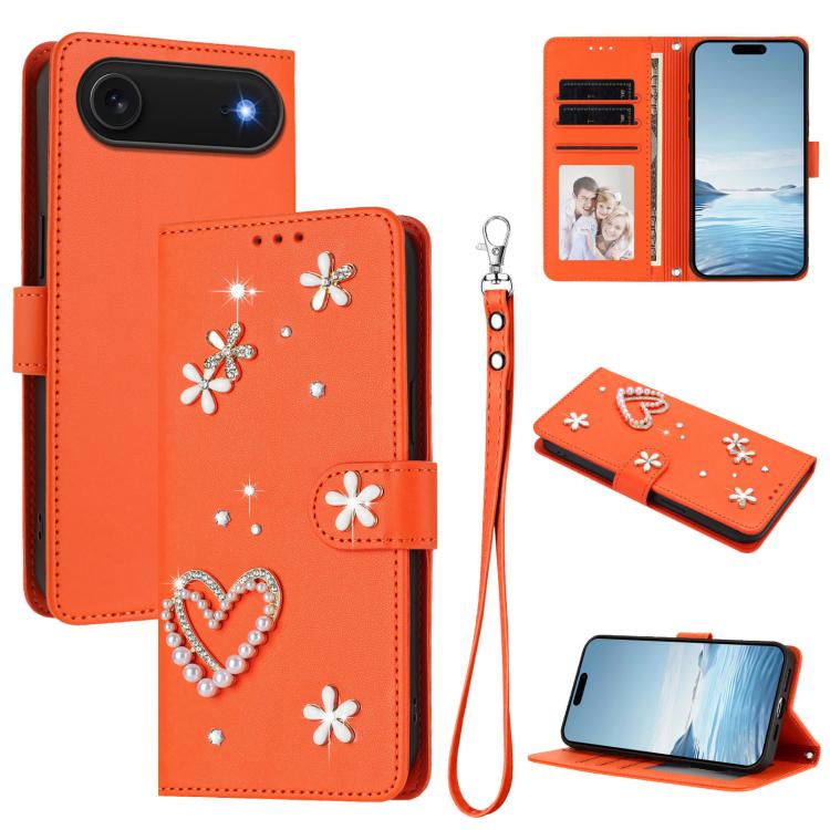Funda para teléfono ZS01 de doble capa con diseño floral en forma de corazón y correa para la muñeca., For iPhone 18 Pro / 17 Pro, For iPhone 18 Pro Max / 17 Pro Max, For iPhone 17e / 16e, For iPhone 17, For iPhone Air, For iPhone 16 Pro Max