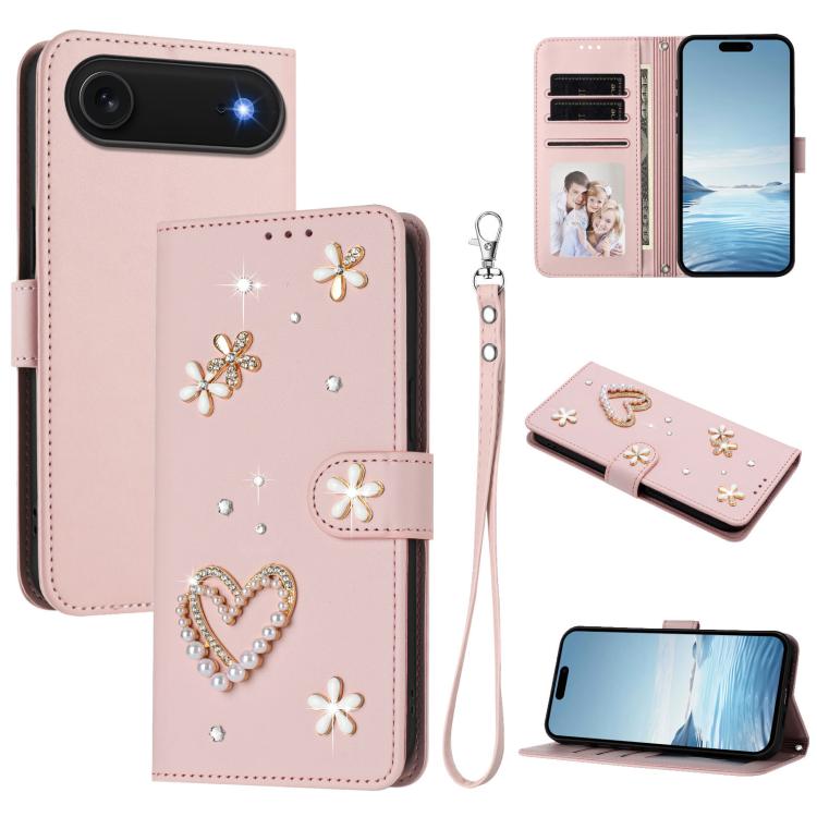 Funda para teléfono ZS01 de doble capa con diseño floral en forma de corazón y correa para la muñeca., For iPhone 18 Pro / 17 Pro, For iPhone 18 Pro Max / 17 Pro Max, For iPhone 17e / 16e, For iPhone 17, For iPhone Air, For iPhone 16 Pro Max