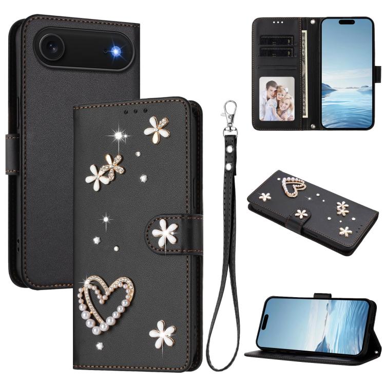 Funda para teléfono ZS01 de doble capa con diseño floral en forma de corazón y correa para la muñeca., For iPhone 18 Pro / 17 Pro, For iPhone 18 Pro Max / 17 Pro Max, For iPhone 17e / 16e, For iPhone 17, For iPhone Air, For iPhone 16 Pro Max