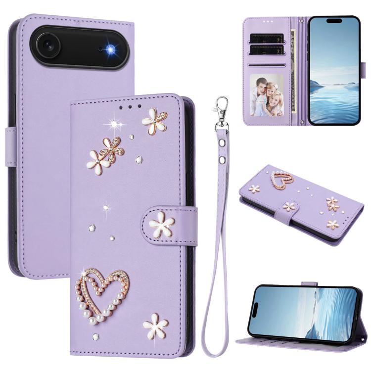 Funda para teléfono ZS01 de doble capa con diseño floral en forma de corazón y correa para la muñeca., For iPhone 18 Pro / 17 Pro, For iPhone 18 Pro Max / 17 Pro Max, For iPhone 17e / 16e, For iPhone 17, For iPhone Air, For iPhone 16 Pro Max