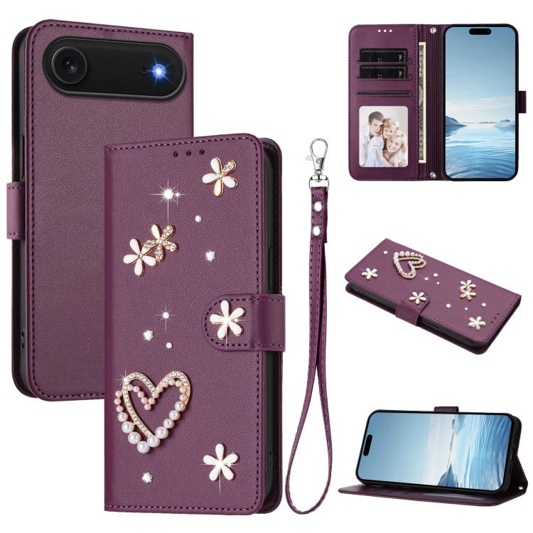 Funda para teléfono ZS01 de doble capa con diseño floral en forma de corazón y correa para la muñeca., For iPhone 18 Pro / 17 Pro, For iPhone 18 Pro Max / 17 Pro Max, For iPhone 17e / 16e, For iPhone 17, For iPhone Air, For iPhone 16 Pro Max