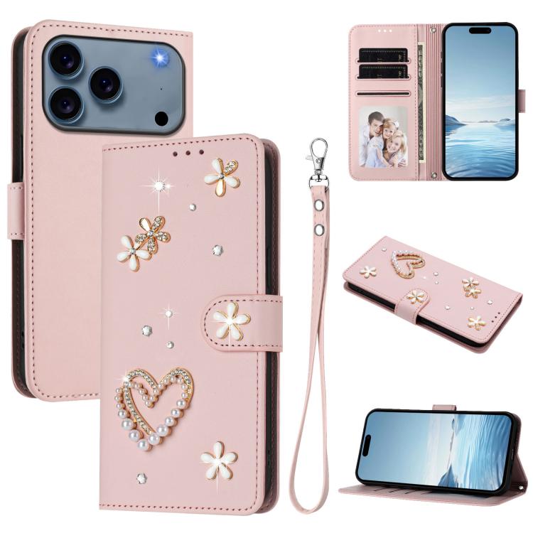 Funda para teléfono ZS01 de doble capa con diseño floral en forma de corazón y correa para la muñeca., For iPhone 18 Pro / 17 Pro, For iPhone 18 Pro Max / 17 Pro Max, For iPhone 17e / 16e, For iPhone 17, For iPhone Air, For iPhone 16 Pro Max