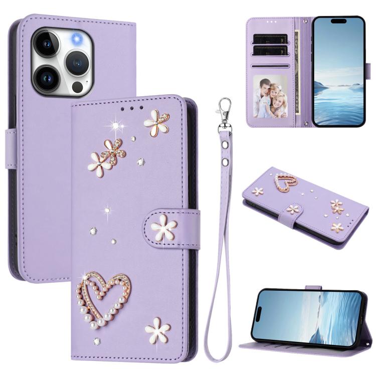 Funda para teléfono ZS01 de doble capa con diseño floral en forma de corazón y correa para la muñeca., For iPhone 16 Pro, For iPhone 16 Plus, For iPhone 16, For iPhone 15 Pro Max, For iPhone 15 Pro, For iPhone 15 Plus
