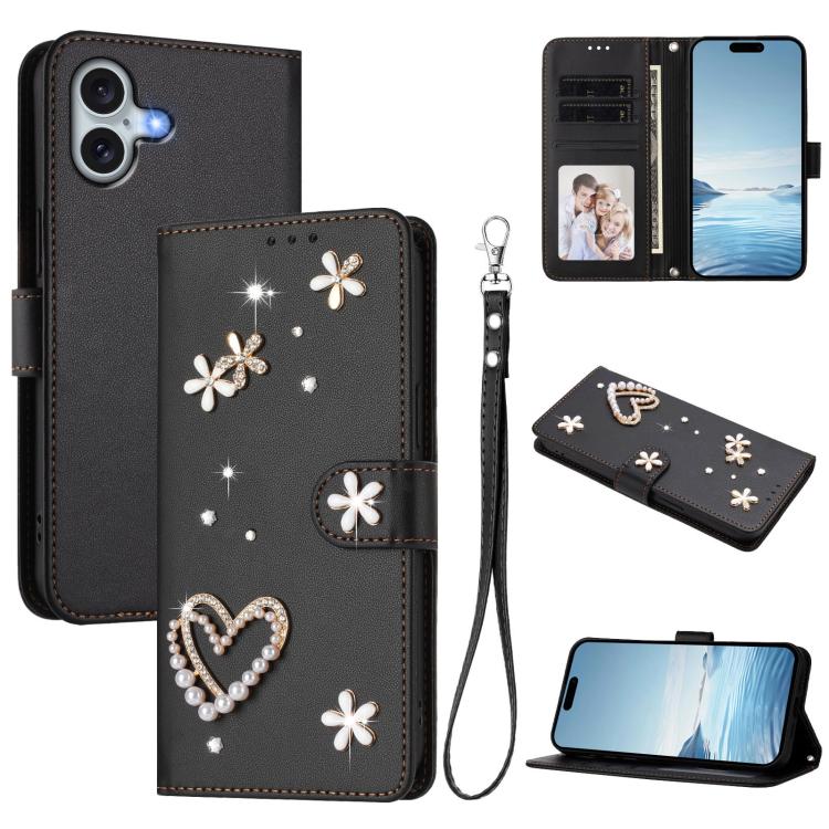 Funda para teléfono ZS01 de doble capa con diseño floral en forma de corazón y correa para la muñeca., For iPhone 16 Pro, For iPhone 16 Plus, For iPhone 16, For iPhone 15 Pro Max, For iPhone 15 Pro, For iPhone 15 Plus