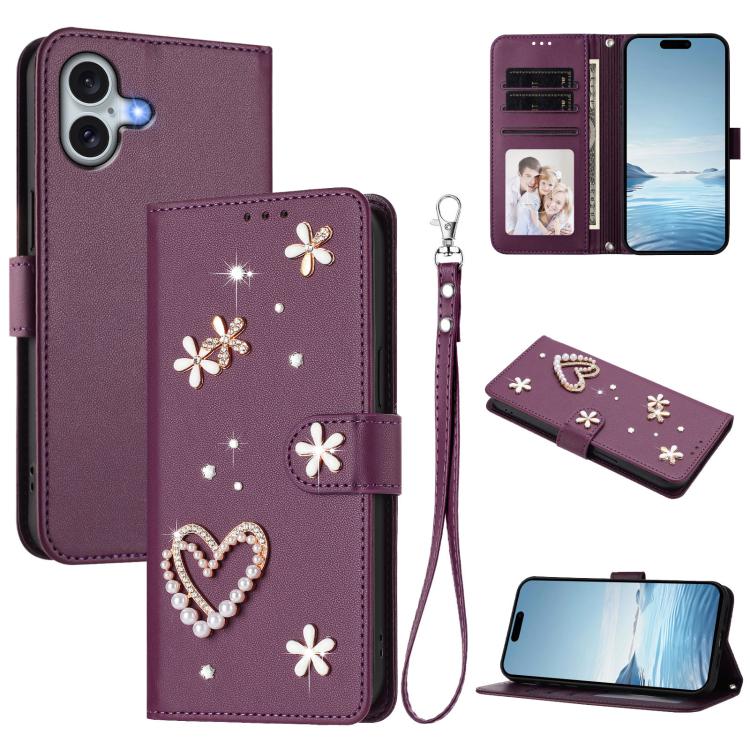 Funda para teléfono ZS01 de doble capa con diseño floral en forma de corazón y correa para la muñeca., For iPhone 16 Pro, For iPhone 16 Plus, For iPhone 16, For iPhone 15 Pro Max, For iPhone 15 Pro, For iPhone 15 Plus