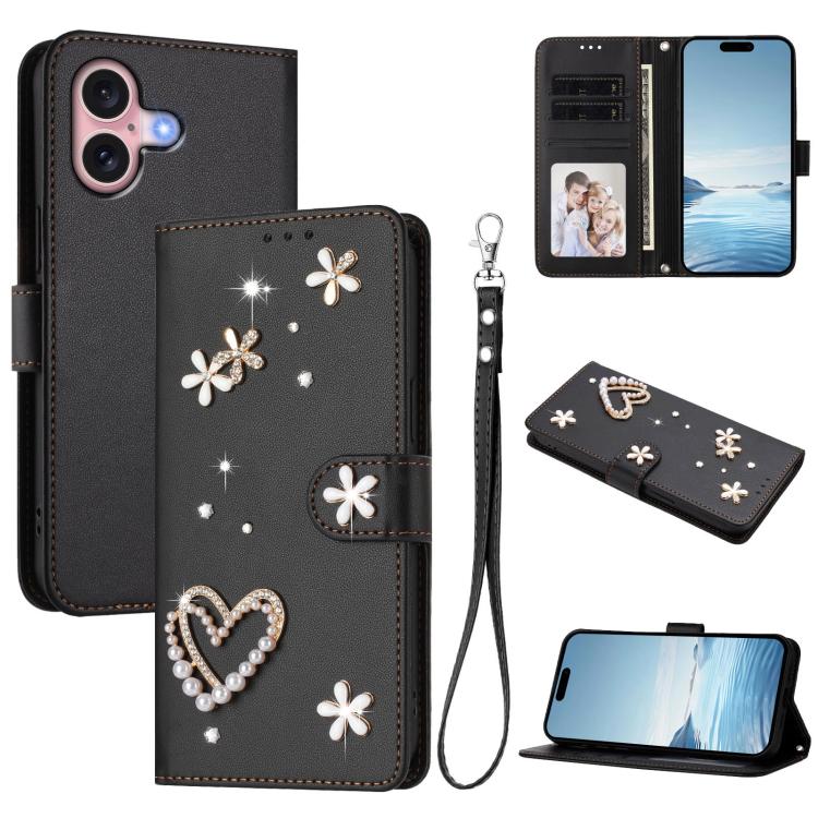 Funda para teléfono ZS01 de doble capa con diseño floral en forma de corazón y correa para la muñeca., For iPhone 16 Pro, For iPhone 16 Plus, For iPhone 16, For iPhone 15 Pro Max, For iPhone 15 Pro, For iPhone 15 Plus