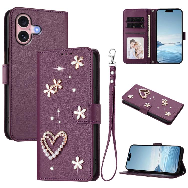 Funda para teléfono ZS01 de doble capa con diseño floral en forma de corazón y correa para la muñeca., For iPhone 16 Pro, For iPhone 16 Plus, For iPhone 16, For iPhone 15 Pro Max, For iPhone 15 Pro, For iPhone 15 Plus