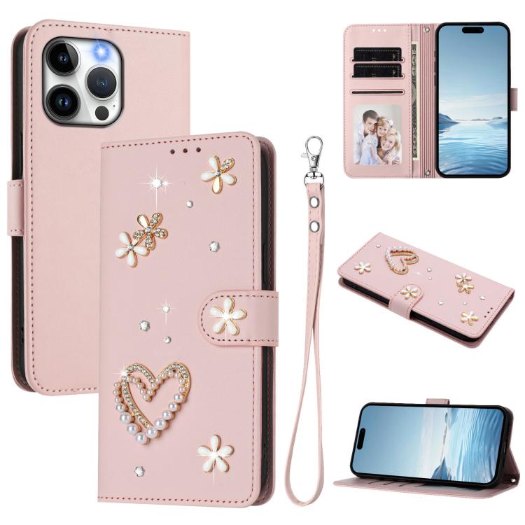 Funda para teléfono ZS01 de doble capa con diseño floral en forma de corazón y correa para la muñeca., For iPhone 16 Pro, For iPhone 16 Plus, For iPhone 16, For iPhone 15 Pro Max, For iPhone 15 Pro, For iPhone 15 Plus