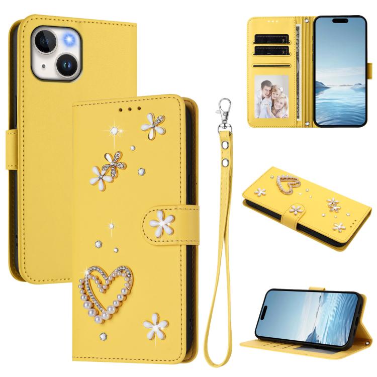 Funda para teléfono ZS01 de doble capa con diseño floral en forma de corazón y correa para la muñeca., For iPhone 15, For iPhone 14 Plus, For iPhone 14 / 13, For iPhone 14 Pro, For iPhone 14 Pro Max, For iPhone 13 Pro Max