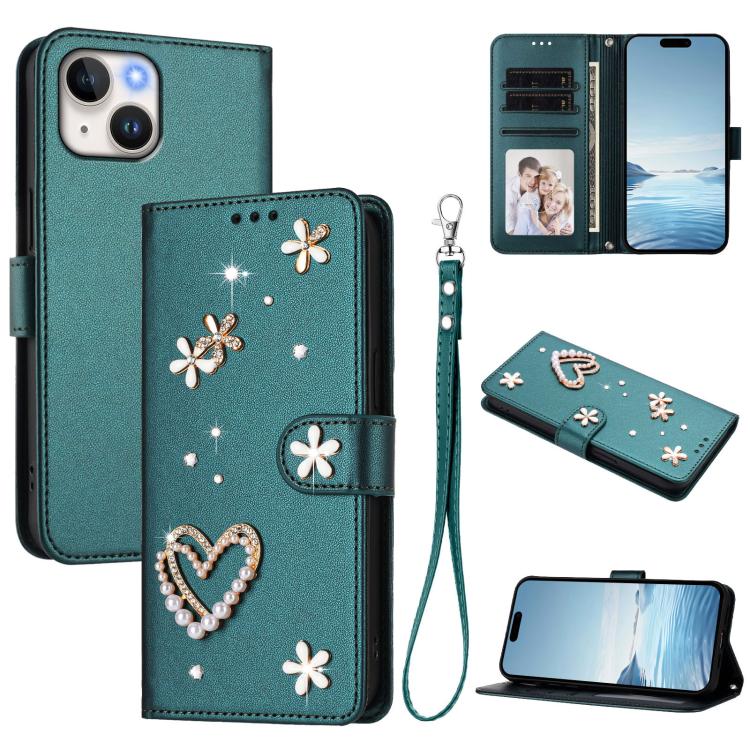 Funda para teléfono ZS01 de doble capa con diseño floral en forma de corazón y correa para la muñeca., For iPhone 15, For iPhone 14 Plus, For iPhone 14 / 13, For iPhone 14 Pro, For iPhone 14 Pro Max, For iPhone 13 Pro Max