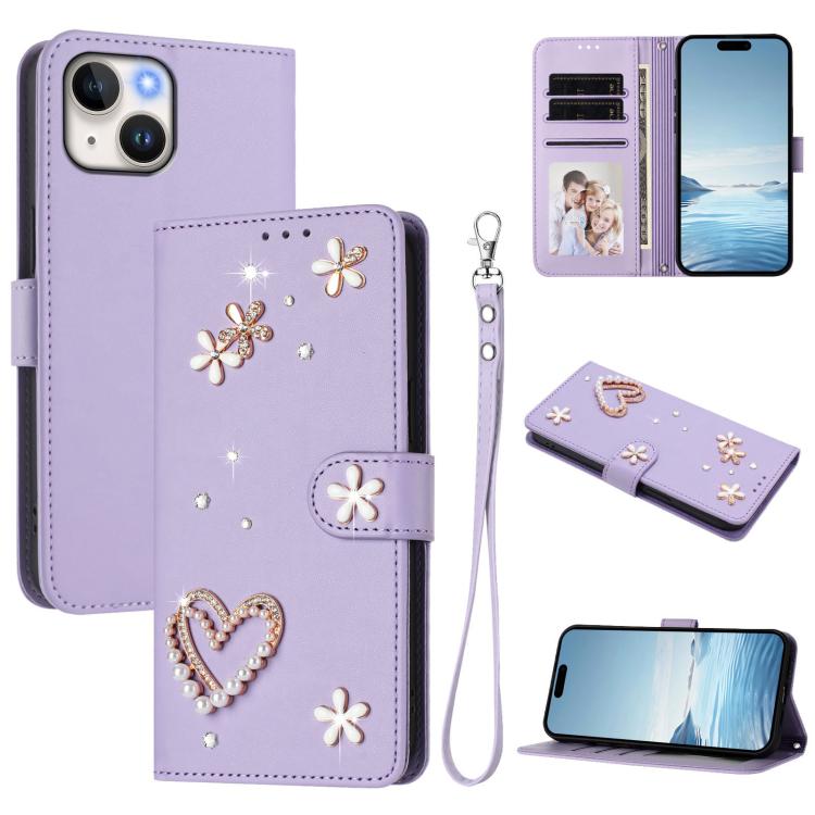 Funda para teléfono ZS01 de doble capa con diseño floral en forma de corazón y correa para la muñeca., For iPhone 15, For iPhone 14 Plus, For iPhone 14 / 13, For iPhone 14 Pro, For iPhone 14 Pro Max, For iPhone 13 Pro Max