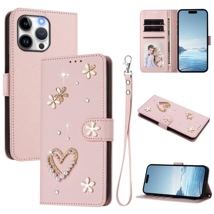 Funda para teléfono ZS01 de doble capa con diseño floral en forma de corazón y correa para la muñeca., For iPhone 15, For iPhone 14 Plus, For iPhone 14 / 13, For iPhone 14 Pro, For iPhone 14 Pro Max, For iPhone 13 Pro Max