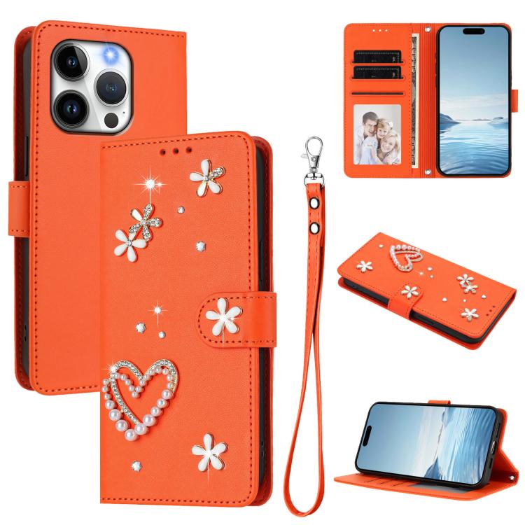 Funda para teléfono ZS01 de doble capa con diseño floral en forma de corazón y correa para la muñeca., For iPhone 15, For iPhone 14 Plus, For iPhone 14 / 13, For iPhone 14 Pro, For iPhone 14 Pro Max, For iPhone 13 Pro Max