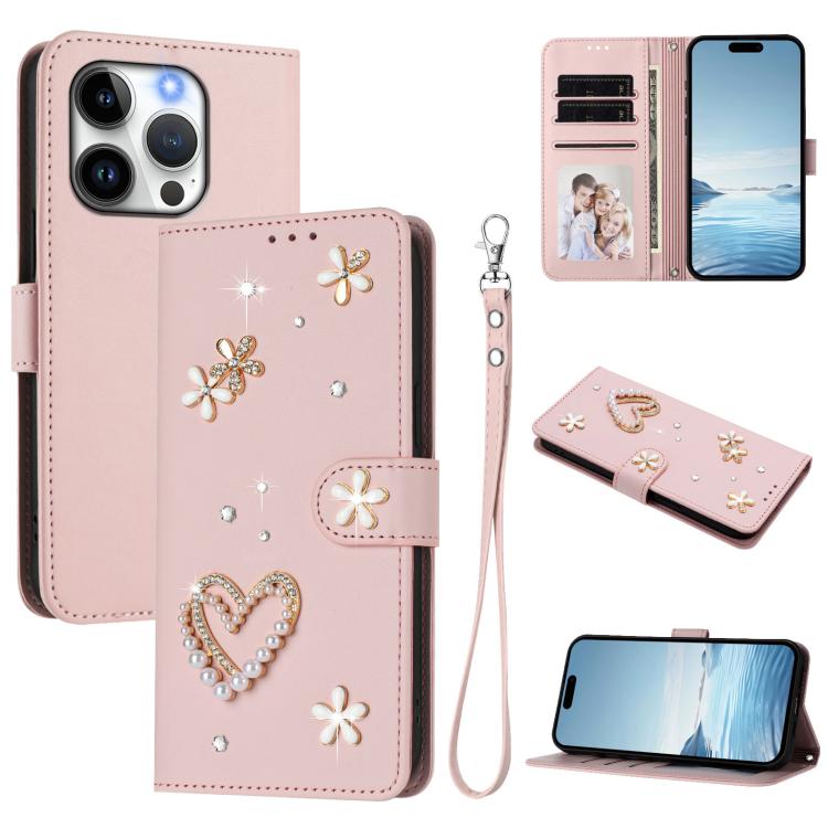Funda para teléfono ZS01 de doble capa con diseño floral en forma de corazón y correa para la muñeca., For iPhone 15, For iPhone 14 Plus, For iPhone 14 / 13, For iPhone 14 Pro, For iPhone 14 Pro Max, For iPhone 13 Pro Max