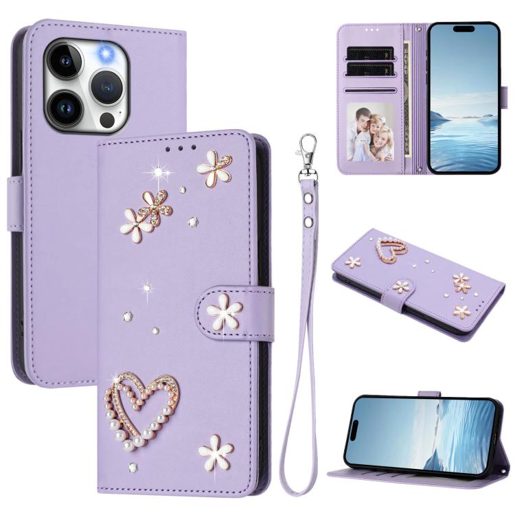 Funda para teléfono ZS01 de doble capa con diseño floral en forma de corazón y correa para la muñeca., For iPhone 15, For iPhone 14 Plus, For iPhone 14 / 13, For iPhone 14 Pro, For iPhone 14 Pro Max, For iPhone 13 Pro Max