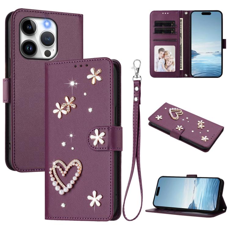 Funda para teléfono ZS01 de doble capa con diseño floral en forma de corazón y correa para la muñeca., For iPhone 15, For iPhone 14 Plus, For iPhone 14 / 13, For iPhone 14 Pro, For iPhone 14 Pro Max, For iPhone 13 Pro Max