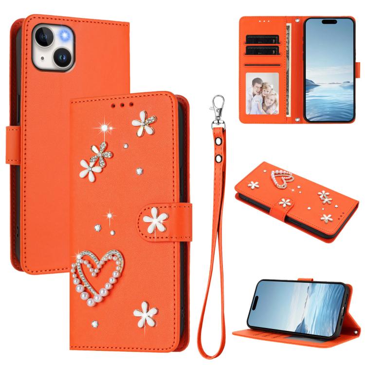 Funda para teléfono ZS01 de doble capa con diseño floral en forma de corazón y correa para la muñeca., For iPhone 15, For iPhone 14 Plus, For iPhone 14 / 13, For iPhone 14 Pro, For iPhone 14 Pro Max, For iPhone 13 Pro Max