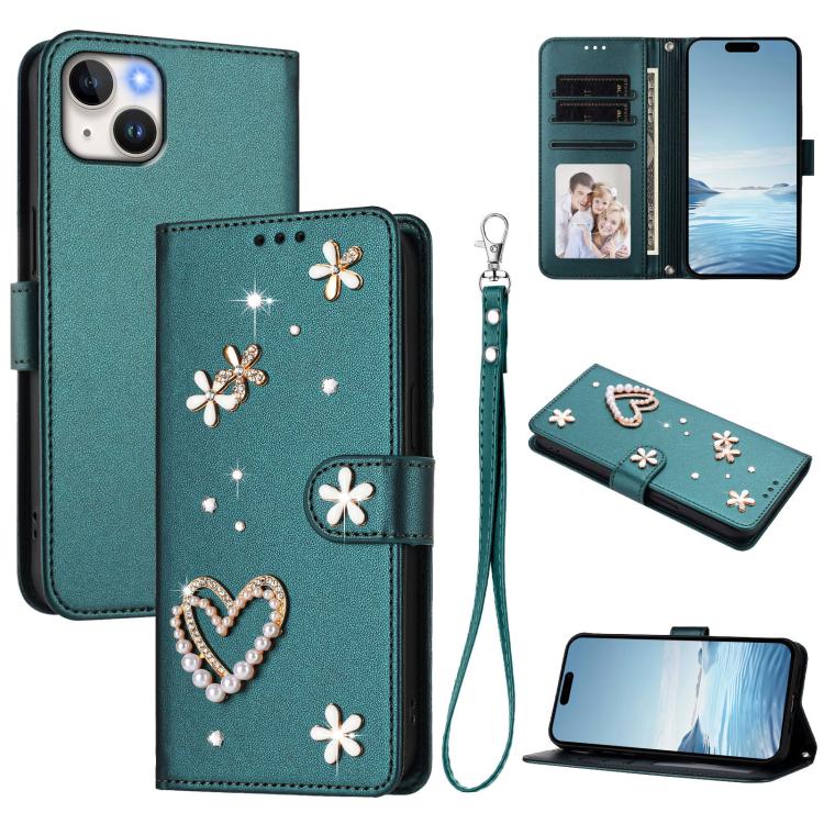 Funda para teléfono ZS01 de doble capa con diseño floral en forma de corazón y correa para la muñeca., For iPhone 15, For iPhone 14 Plus, For iPhone 14 / 13, For iPhone 14 Pro, For iPhone 14 Pro Max, For iPhone 13 Pro Max